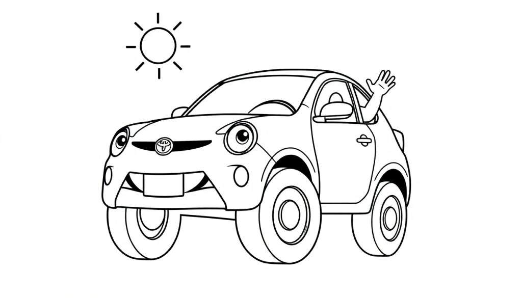A friendly Toyota car waving from its window on a sunny day, perfect for a color panel.