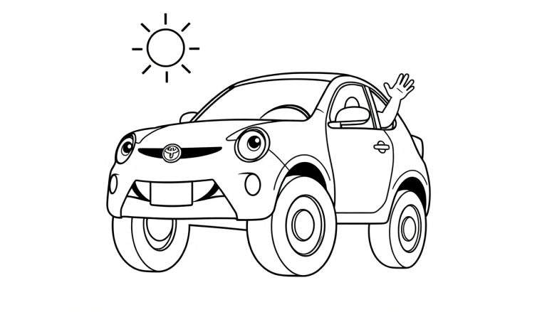A friendly Toyota car waving from its window on a sunny day, perfect for a color panel.