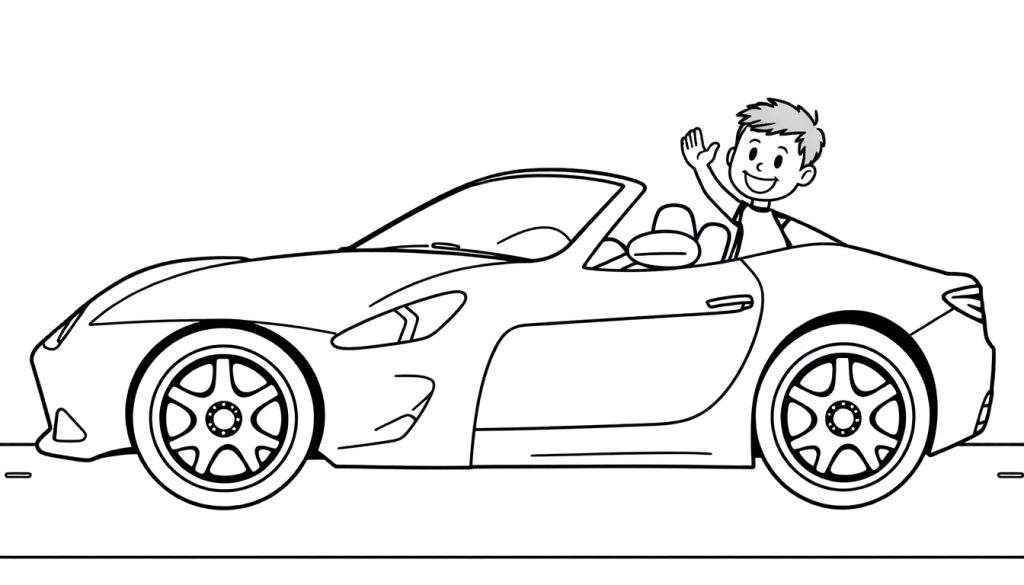A black and white cartoon drawing of a convertible car with a smiling child waving from the driver's seat. This is a fun color panel for kids to imagine.