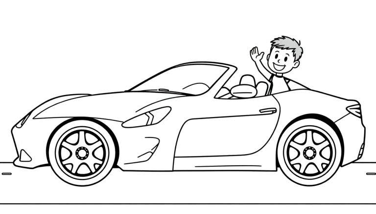 A black and white cartoon drawing of a convertible car with a smiling child waving from the driver's seat. This is a fun color panel for kids to imagine.