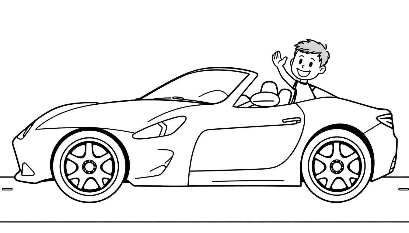 A black and white cartoon drawing of a convertible car with a smiling child waving from the driver's seat. This is a fun color panel for kids to imagine.