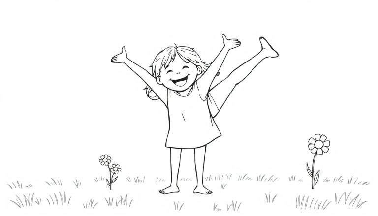 A happy girl doing a cartwheel in a black and white coloring panel.
