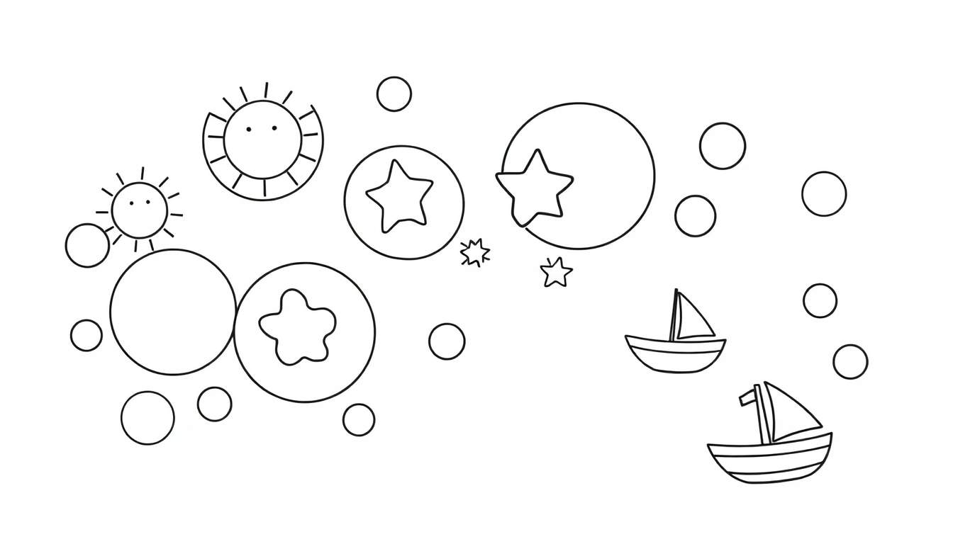 A whimsical black and white coloring page with happy suns, colorful circles, and sailboats, inviting kids to a creative color panel.