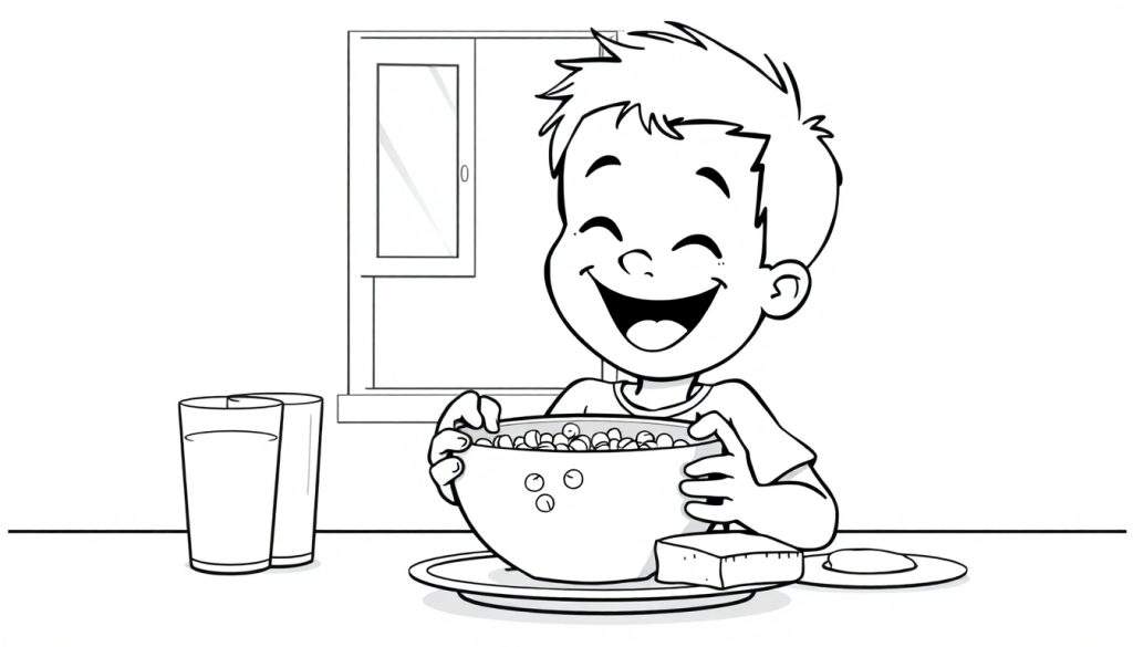 A happy boy with closed eyes enjoying cereal, a coloring panel.