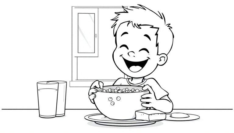 A happy boy with closed eyes enjoying cereal, a coloring panel.