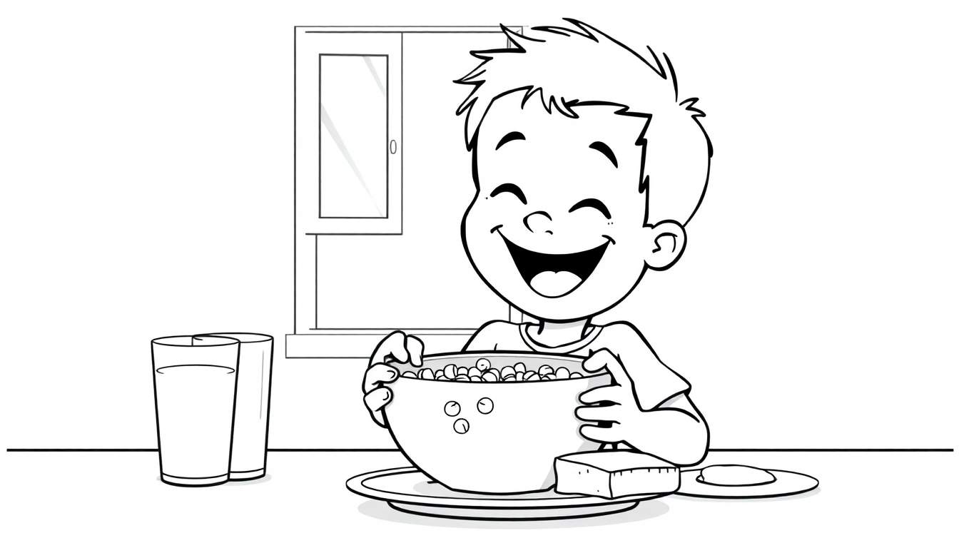 A happy boy with closed eyes enjoying cereal, a coloring panel.
