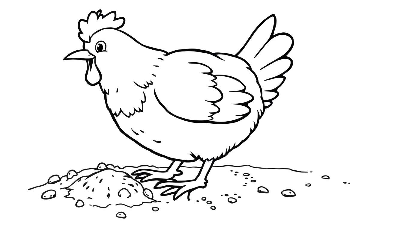 A happy black and white chicken, a simple coloring panel, pecking at seeds on the ground.