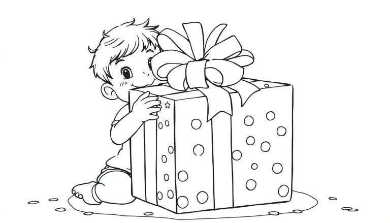 A happy child reaching for a gift, black and white coloring panel.