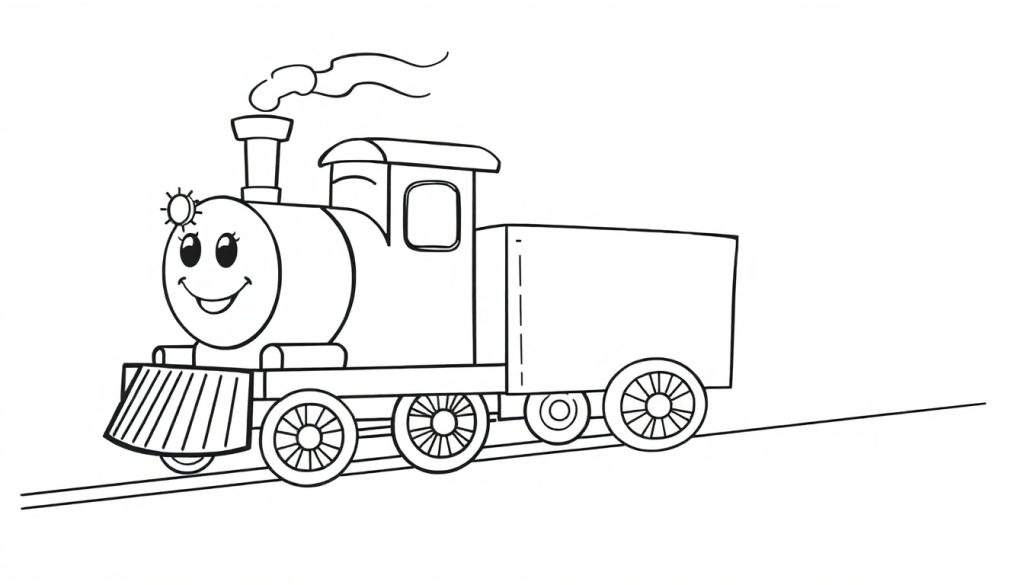 A happy black and white cartoon steam train with a smiling face, ready for coloring. A fun color panel awaits!