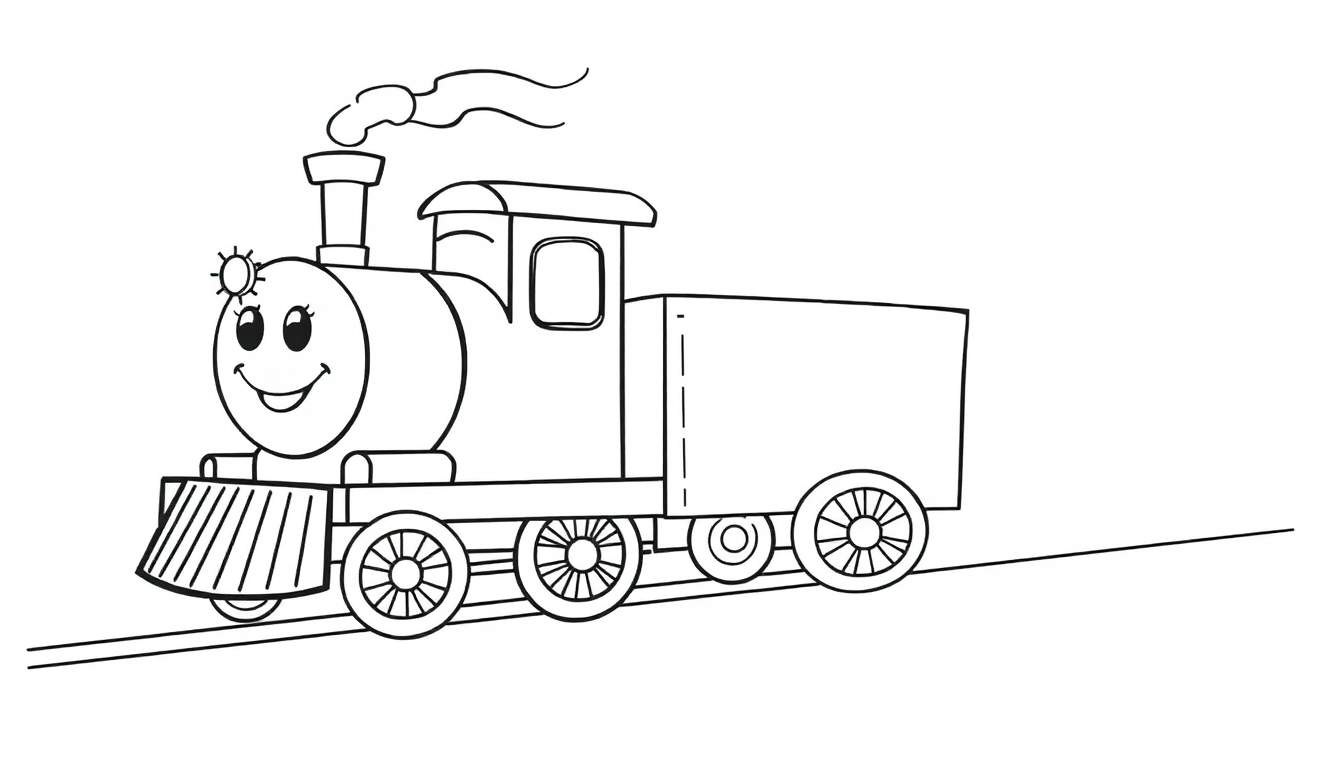 A happy black and white cartoon steam train with a smiling face, ready for coloring. A fun color panel awaits!