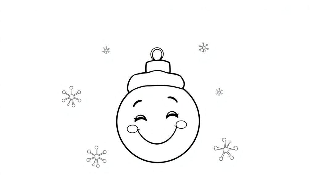 A cute black and white color panel drawing of a happy Christmas bauble with a Santa hat and smiling face, surrounded by snowflakes.