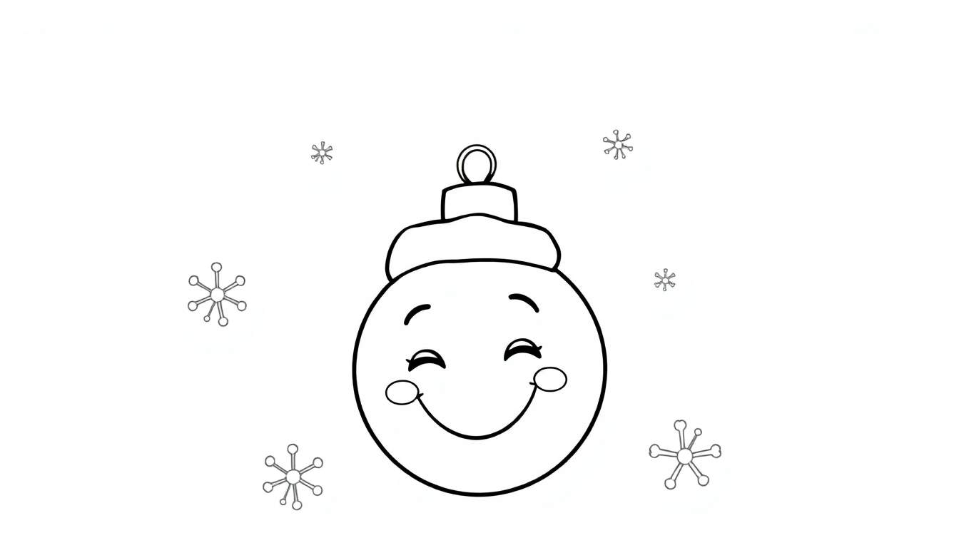 A cute black and white color panel drawing of a happy Christmas bauble with a Santa hat and smiling face, surrounded by snowflakes.