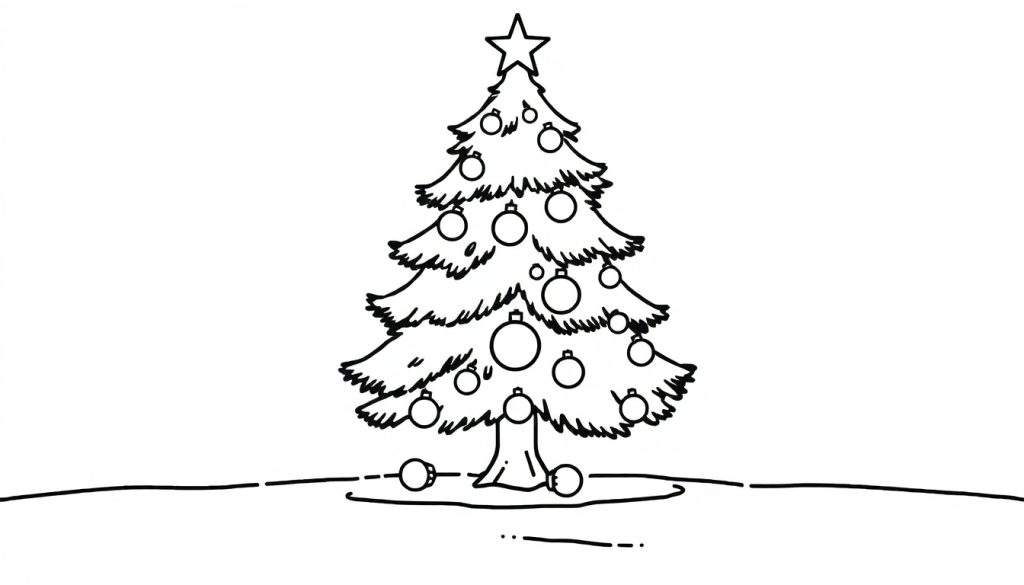 A black and white color panel of a happy little Christmas tree decorated with round ornaments and a star, ready for coloring.