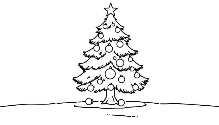 A black and white color panel of a happy little Christmas tree decorated with round ornaments and a star, ready for coloring.