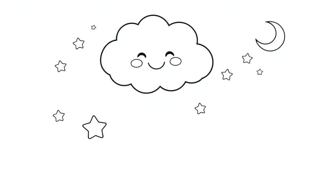 A black and white color panel illustration of a happy cloud with stars and a moon.