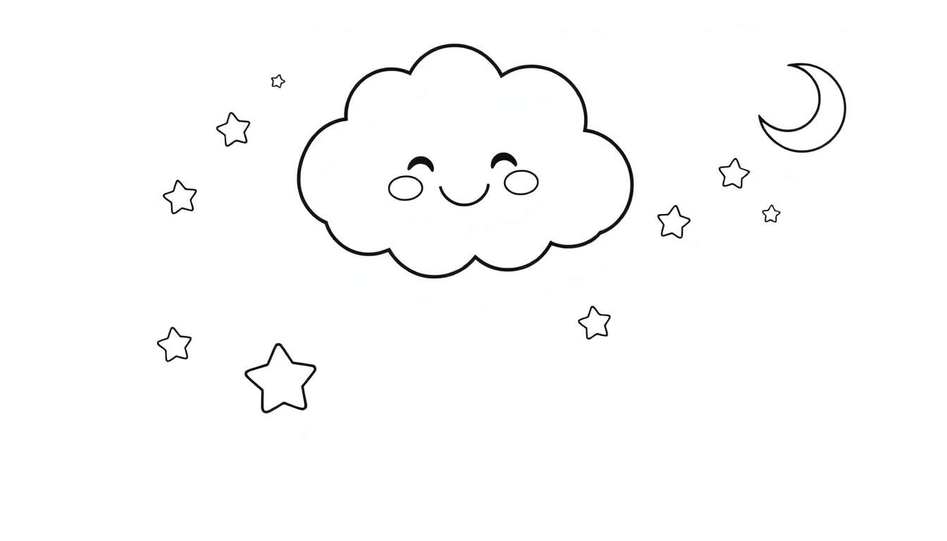 A black and white color panel illustration of a happy cloud with stars and a moon.