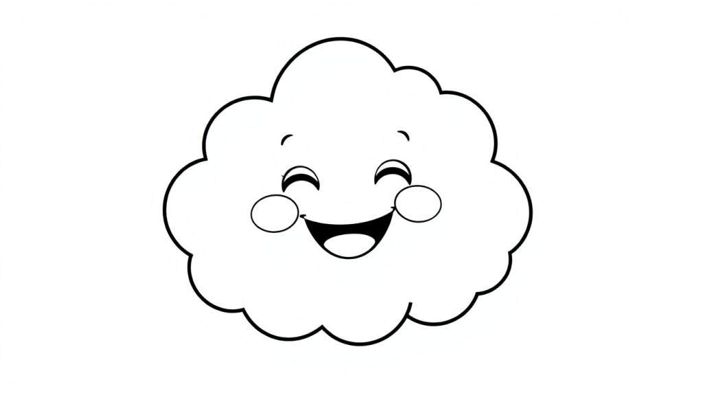A happy smiling cloud character, ready to be colored in this black and white color panel.