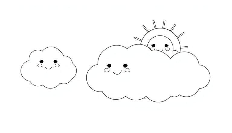 A cute color panel with smiling clouds and a peeking sun.