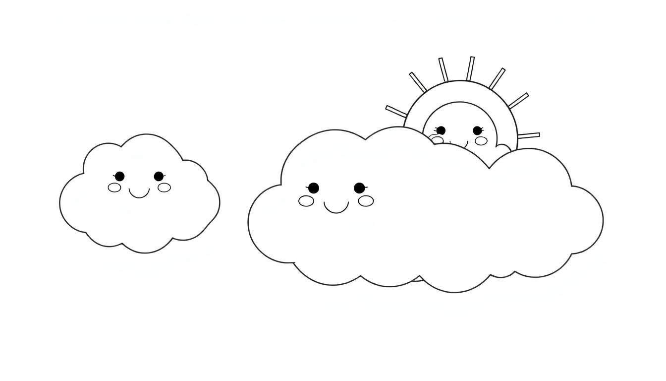A cute color panel with smiling clouds and a peeking sun.