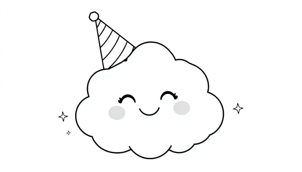 A fluffy cloud wearing a party hat in a black and white color panel.