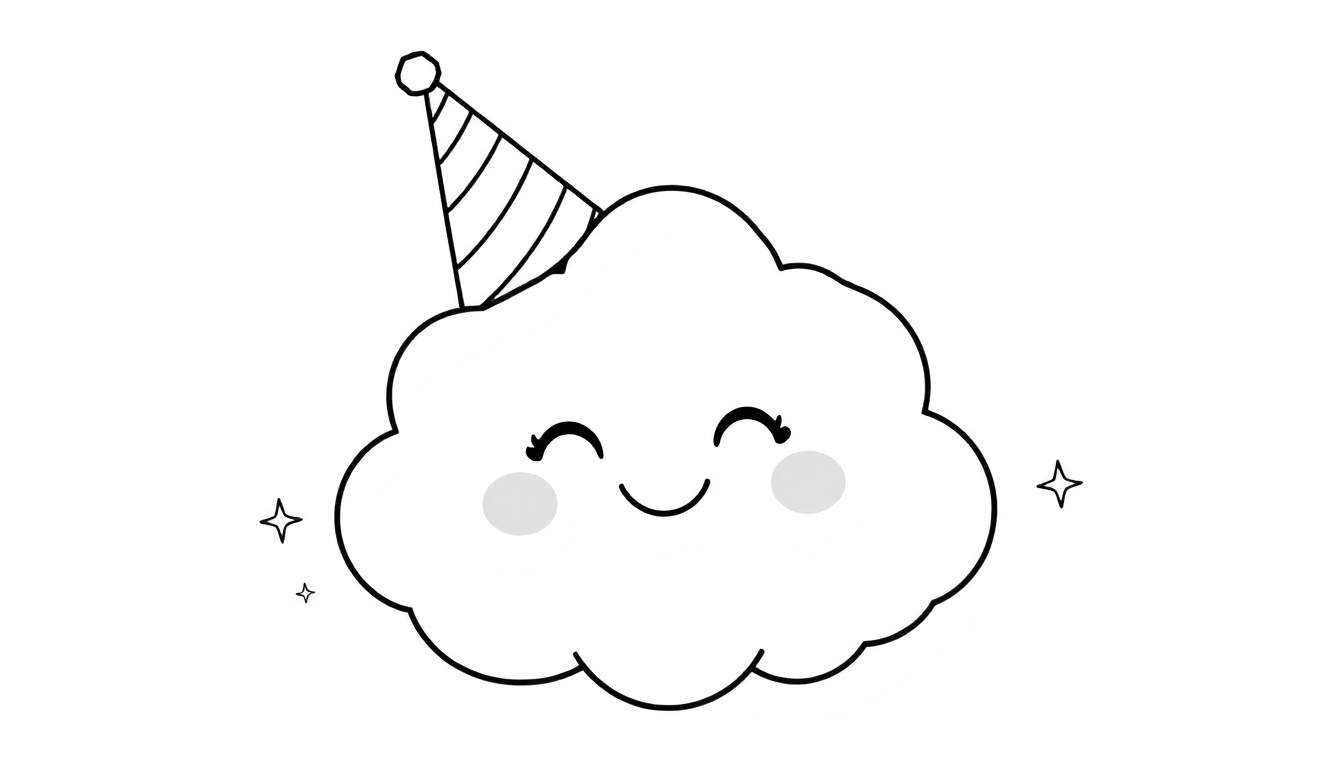 A fluffy cloud wearing a party hat in a black and white color panel.