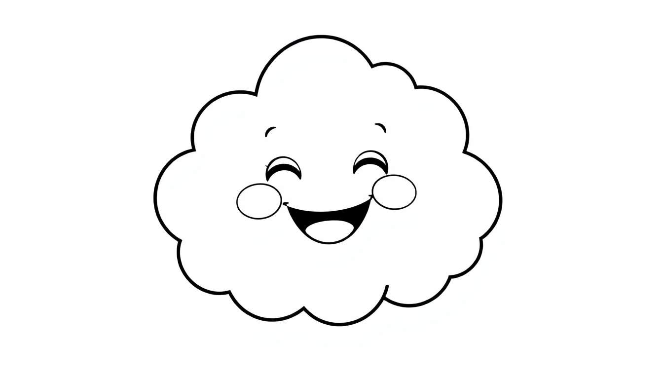 A happy smiling cloud character, ready to be colored in this black and white color panel.