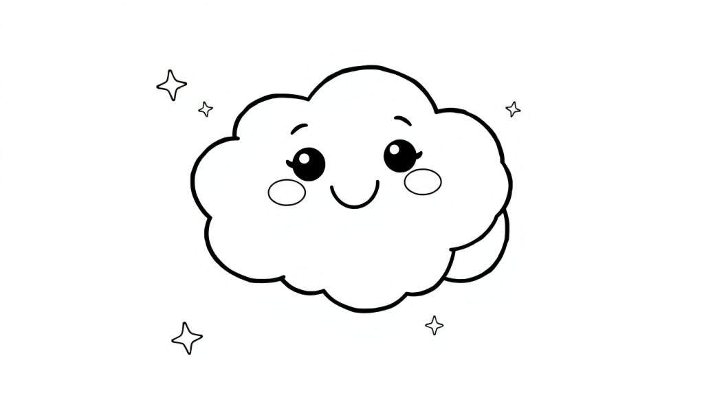 A kawaii fluffy cloud coloring panel with a happy face, simple stars, and a hint of another cloud layer. Black and white outline art.
