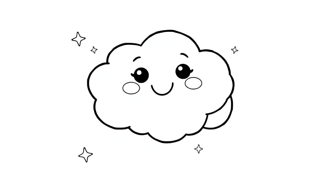 A kawaii fluffy cloud coloring panel with a happy face, simple stars, and a hint of another cloud layer. Black and white outline art.