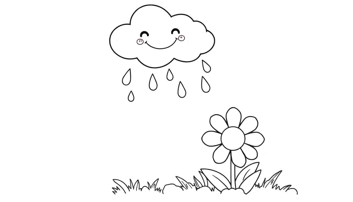 A happy cartoon cloud raining in a black and white color panel.