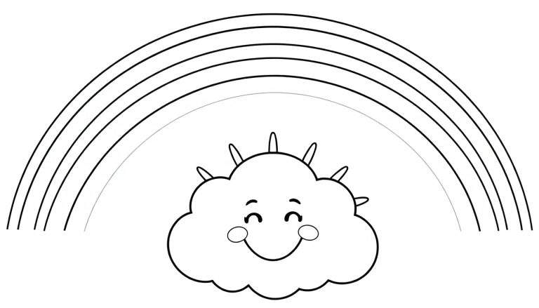 A happy cloud with a big, bold rainbow arching over a smiling sun in a black and white color panel.