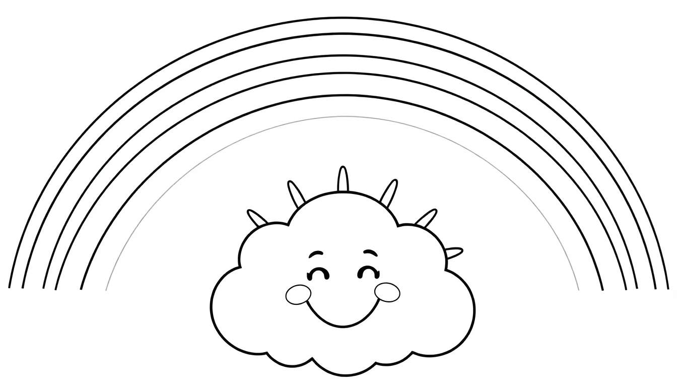 A happy cloud with a big, bold rainbow arching over a smiling sun in a black and white color panel.