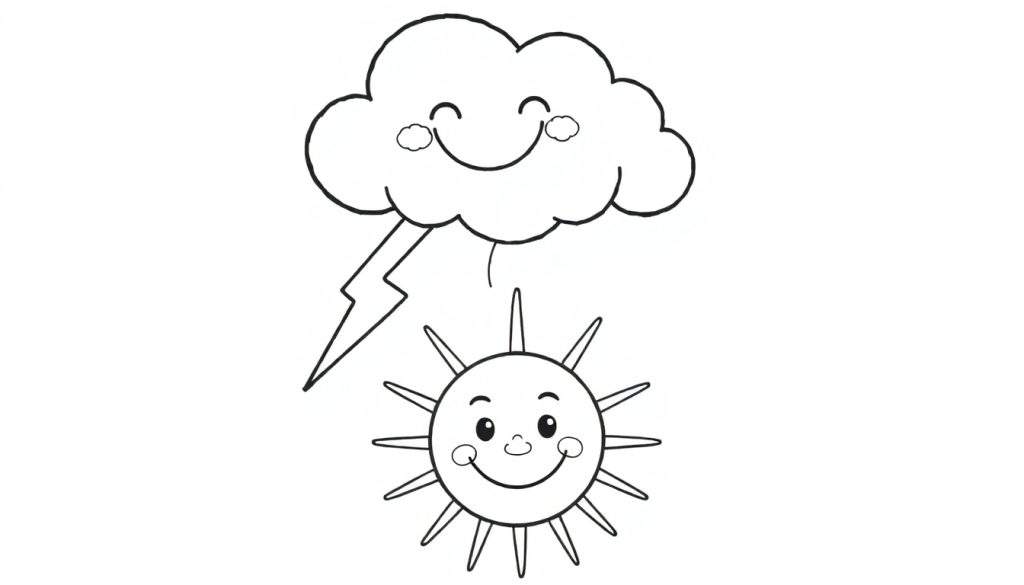 A happy cloud with a lightning bolt and a smiling sun on a color panel.