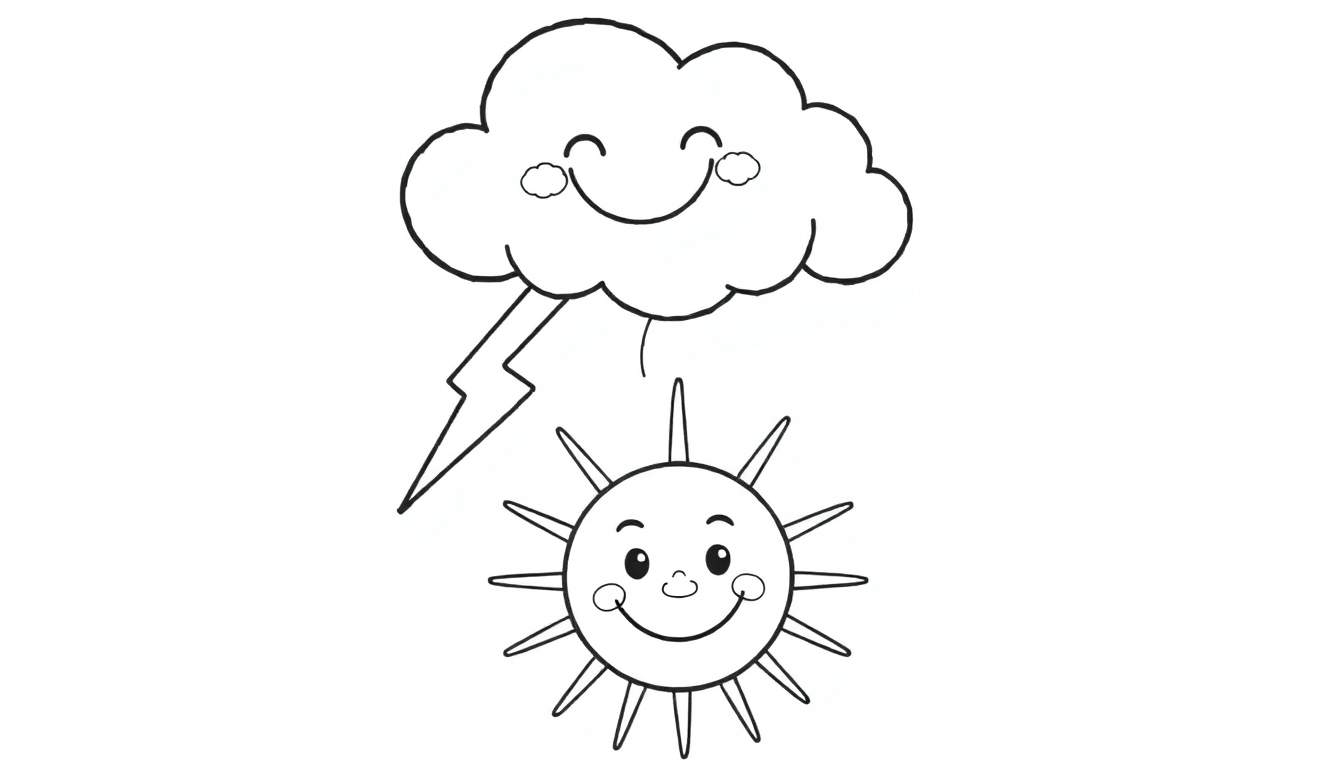 A happy cloud with a lightning bolt and a smiling sun on a color panel.
