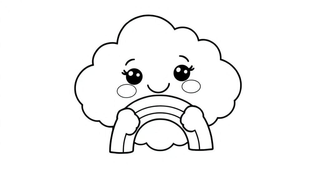 A happy cloud character in a black and white color panel holding a rainbow.
