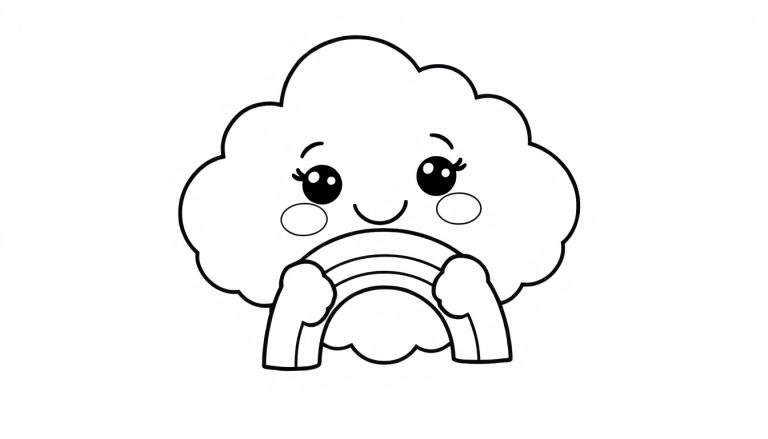 A happy cloud character in a black and white color panel holding a rainbow.