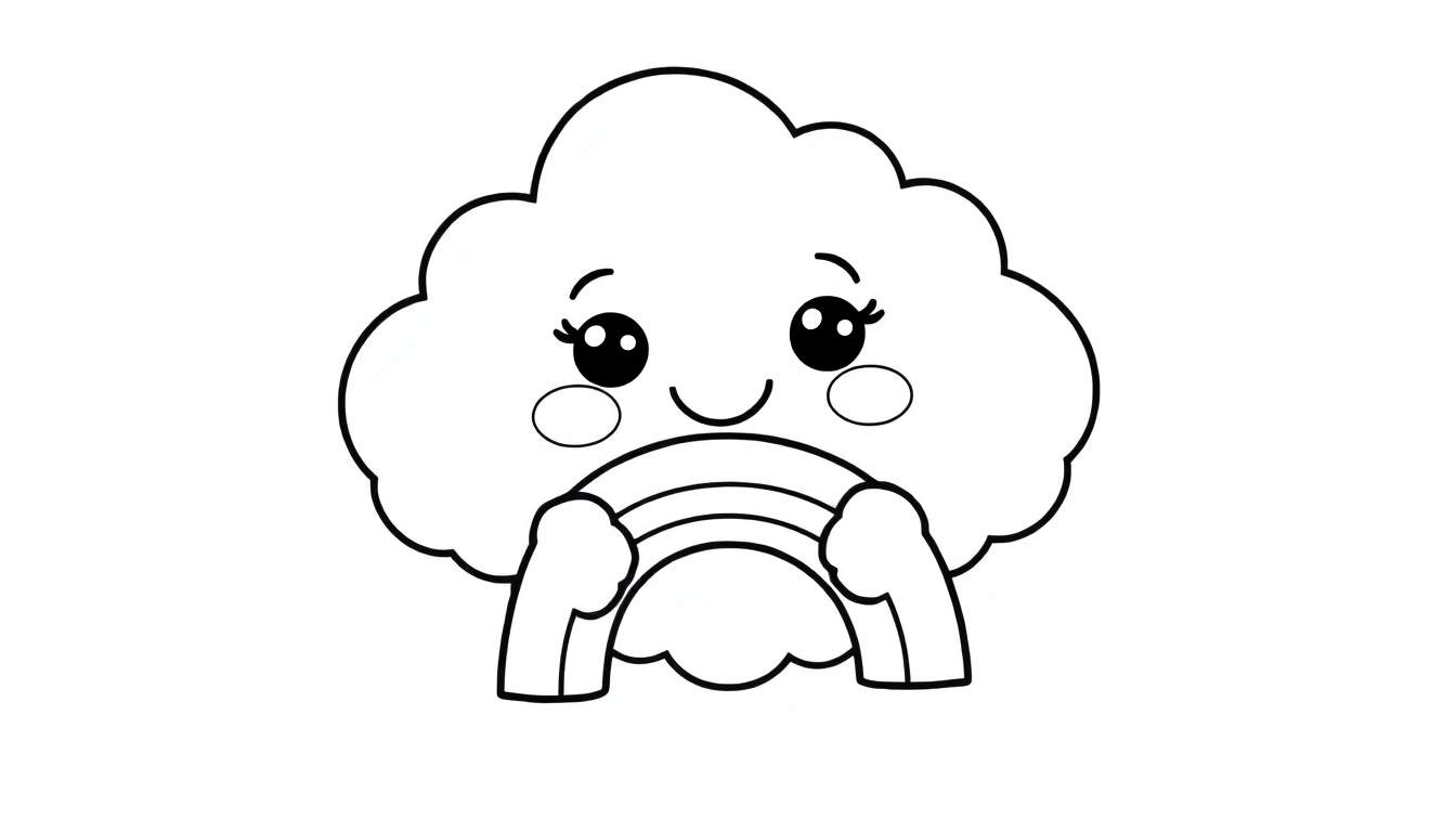 A happy cloud character in a black and white color panel holding a rainbow.