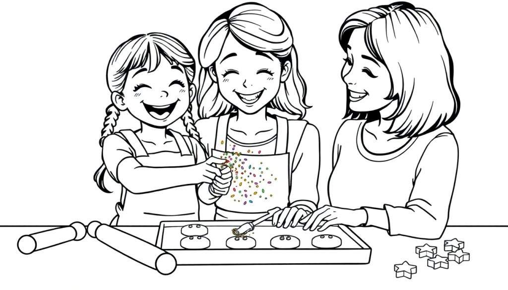 A black and white color panel of a girl, a woman, and another woman baking cookies together.