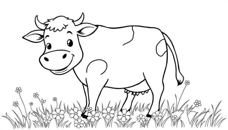 A friendly cartoon cow in a black and white color panel.
