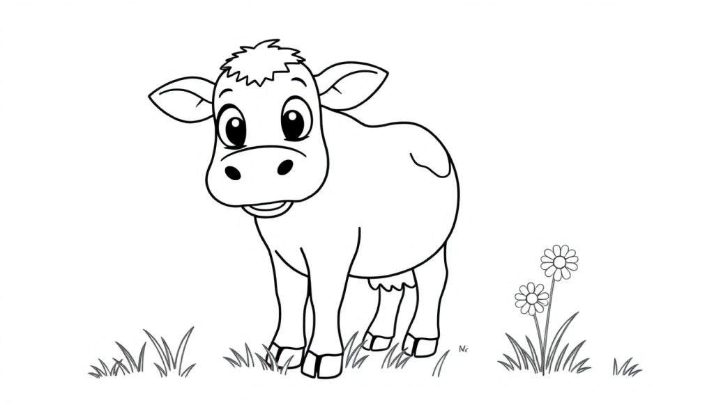 A friendly cow illustration on a color panel, ready to be colored.