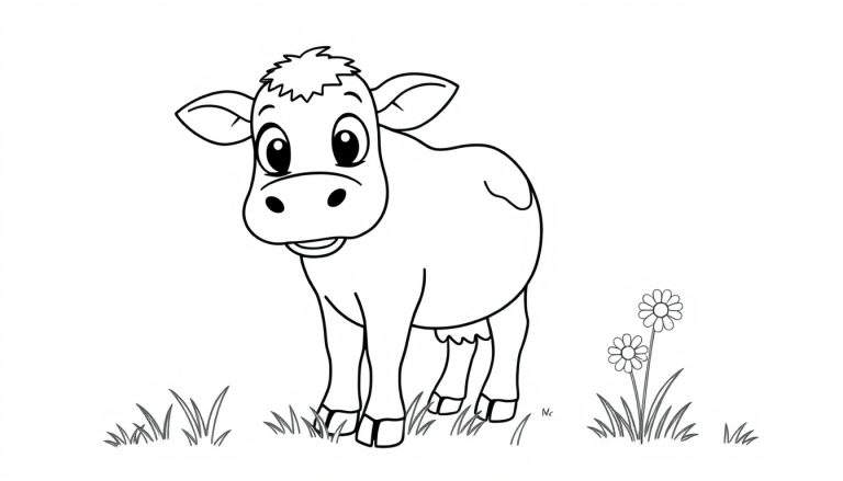 A friendly cow illustration on a color panel, ready to be colored.