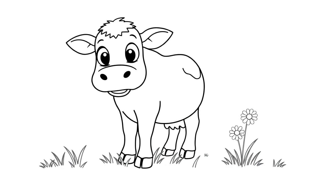 A friendly cow illustration on a color panel, ready to be colored.