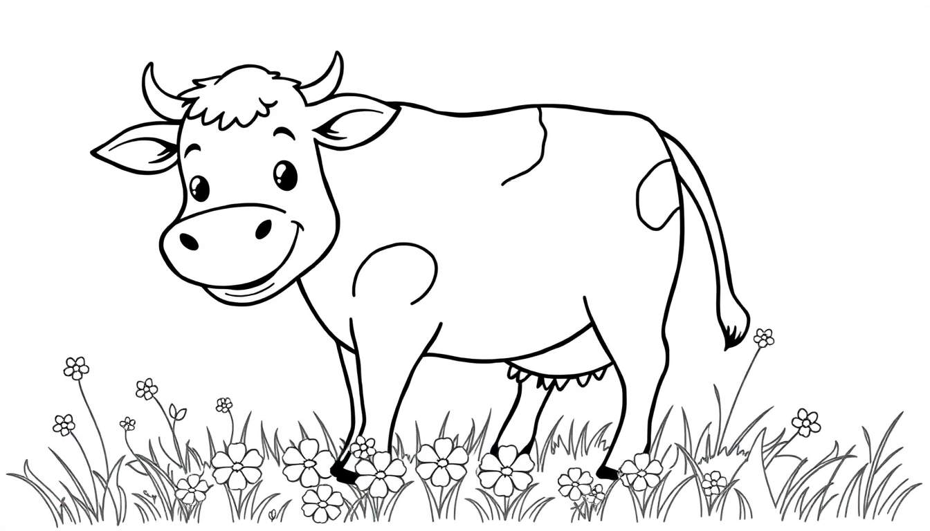 A friendly cartoon cow in a black and white color panel.