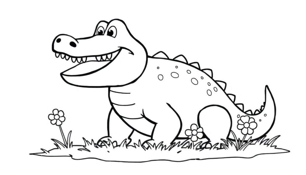 A friendly cartoon crocodile in a black and white color panel, smiling with its mouth open and teeth showing, standing in grass with flowers.