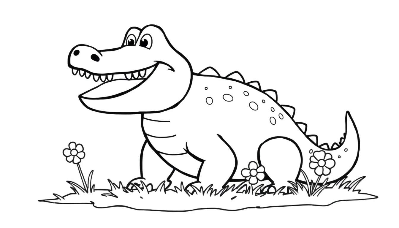 A friendly cartoon crocodile in a black and white color panel, smiling with its mouth open and teeth showing, standing in grass with flowers.