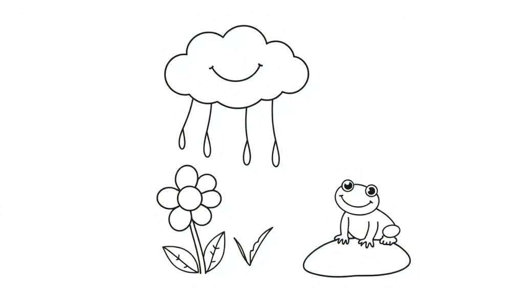 A happy cloud raining on a flower and a frog. Black and white color panel for coloring.