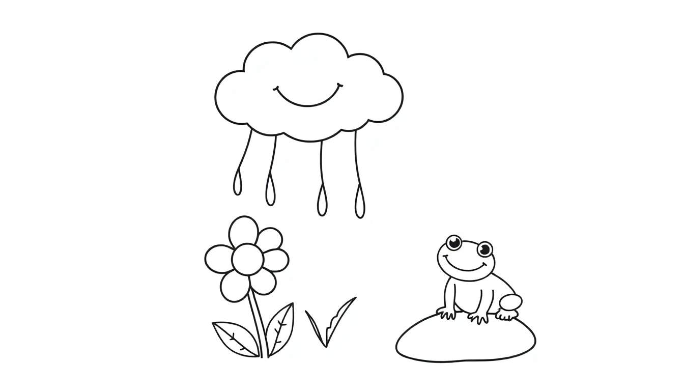 A happy cloud raining on a flower and a frog. Black and white color panel for coloring.