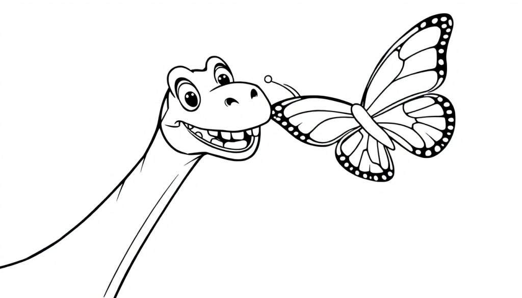 A cheerful cartoon dinosaur with a long neck and a butterfly on its nose, a black and white color panel.