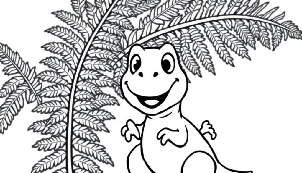 A happy baby T-Rex peeking out from behind a giant fern, black and white coloring panel.