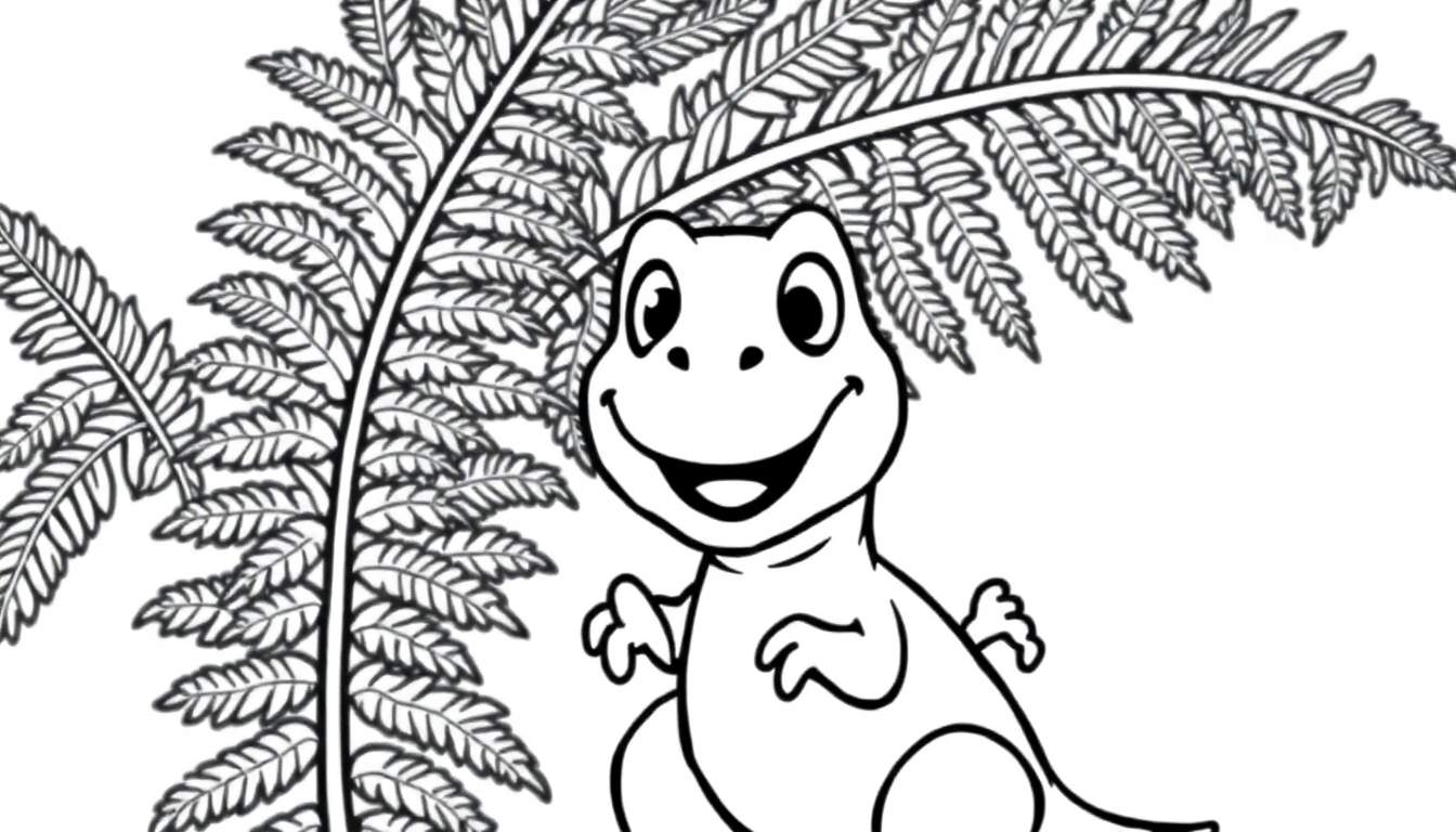 A happy baby T-Rex peeking out from behind a giant fern, black and white coloring panel.
