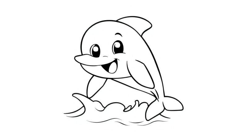 A happy dolphin in a black and white color panel, leaping from the water with big eyes and a smile.